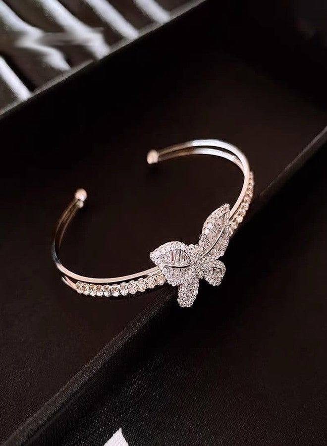 Cykdohy Sparkly Rhinestones Butterfly Open Layered Bangle Bracelet for Women Cubic Zirconia Fashion Dainty Double Layer Crystal Adjustable Wrap Cuff Bracelets Wrist Hand Jewelry Prom Party Gift for Her (Silver) - Image 4
